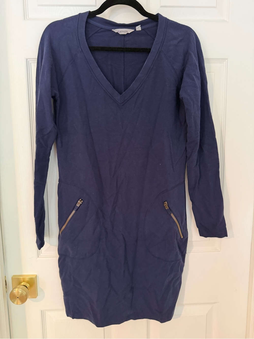 Athleta Navy V-Neck Long Sleeve Dress with Zip Pockets
